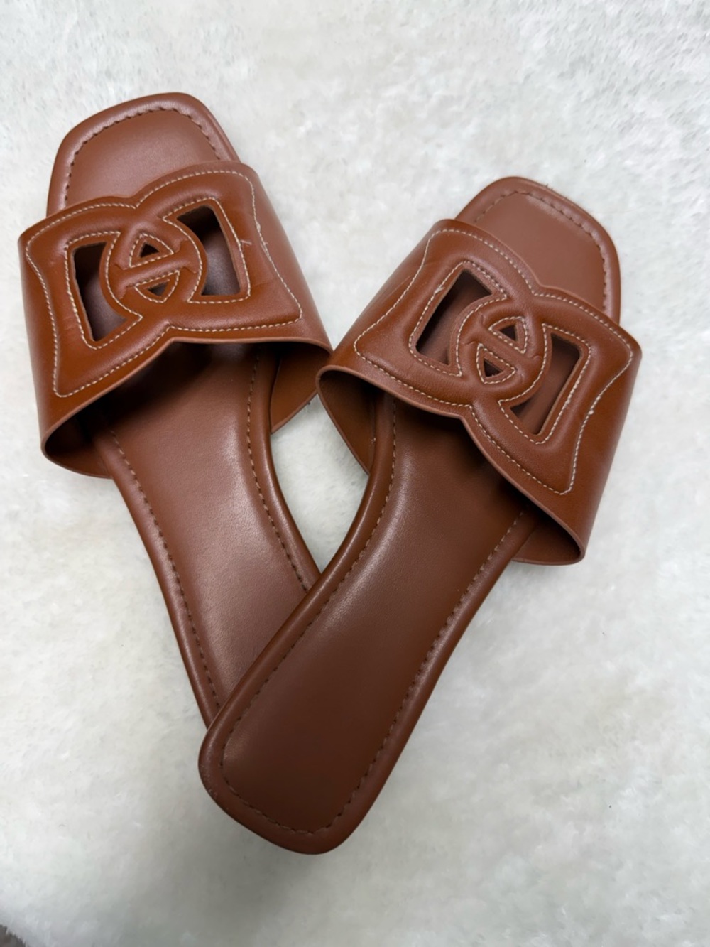 Women's Brown Slide Sandals - Leather-Look Open-Toe Slip-Ons